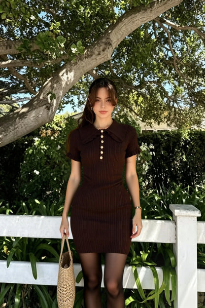 Fitted Peter Pan Collar Short-Sleeve Cable-Knit Sweater Dress