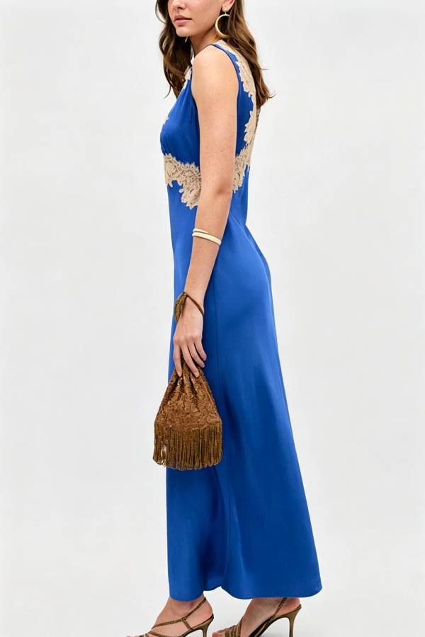 A Little Sultry Satin Floral Lace Trim V-neck Sleeveless Drape Maxi Dress