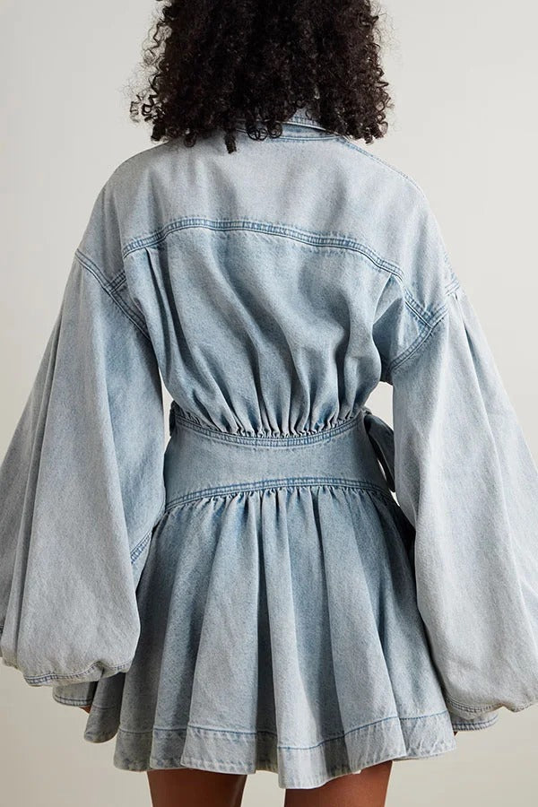 Yaron Denim Button Twisted Shape Wrap Long Balloon Sleeve Shirt Mini Dress