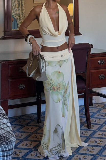 Elegant Halter Wrap Back Mesh Floral Slit Maxi Skirt Set