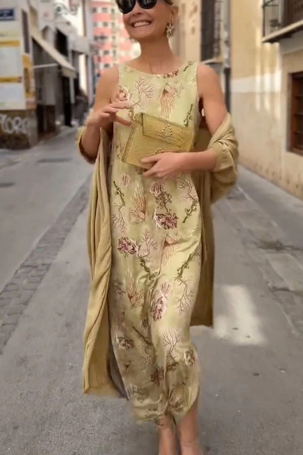 Riviera Unique Print Slit Tank Midi Dress and Satin Kimono Cover-up Two Pieces Set