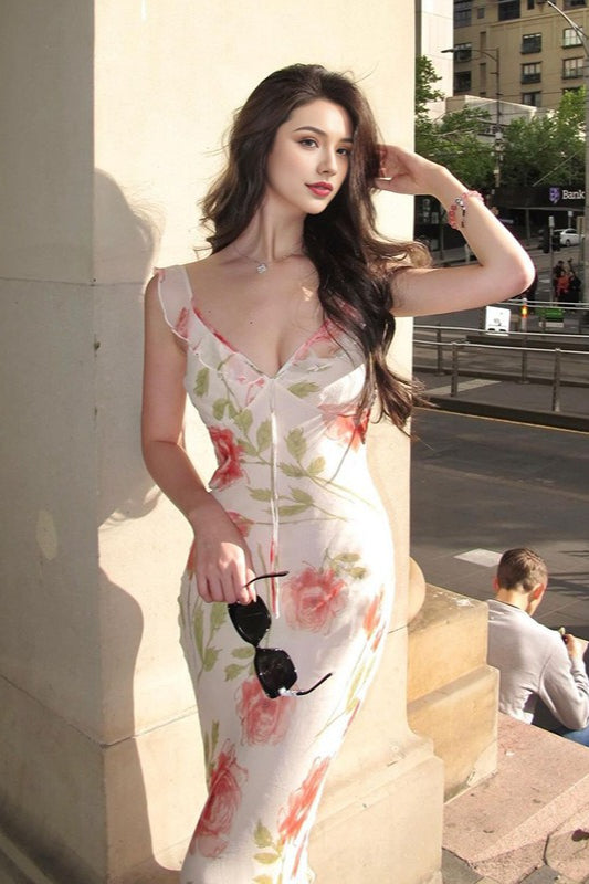 V-Neck Printed Backless Slip Dress