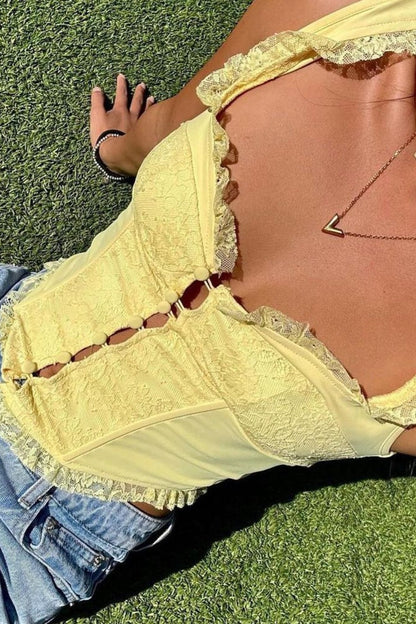Lace Ruffle Insert Halter Corset Bustier Tank Top