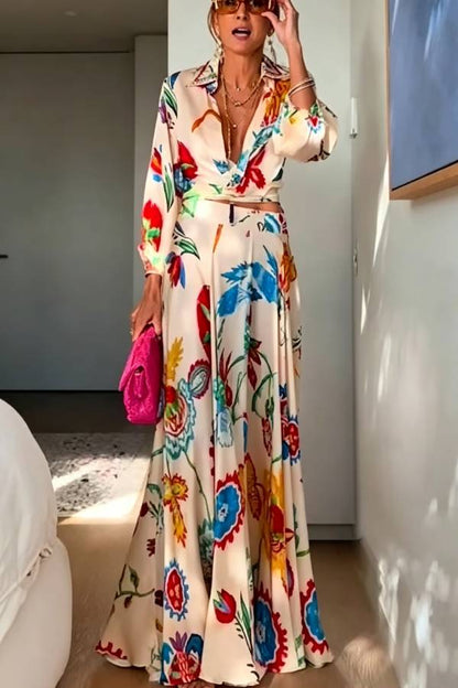 Sanganer Artistic Floral Print Tie-up Crop Blouse and High High Flare Maxi Skirt Set