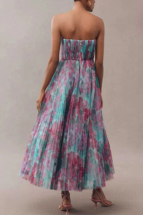 Strapless Floral Print Pleated Swing Maxi Dress