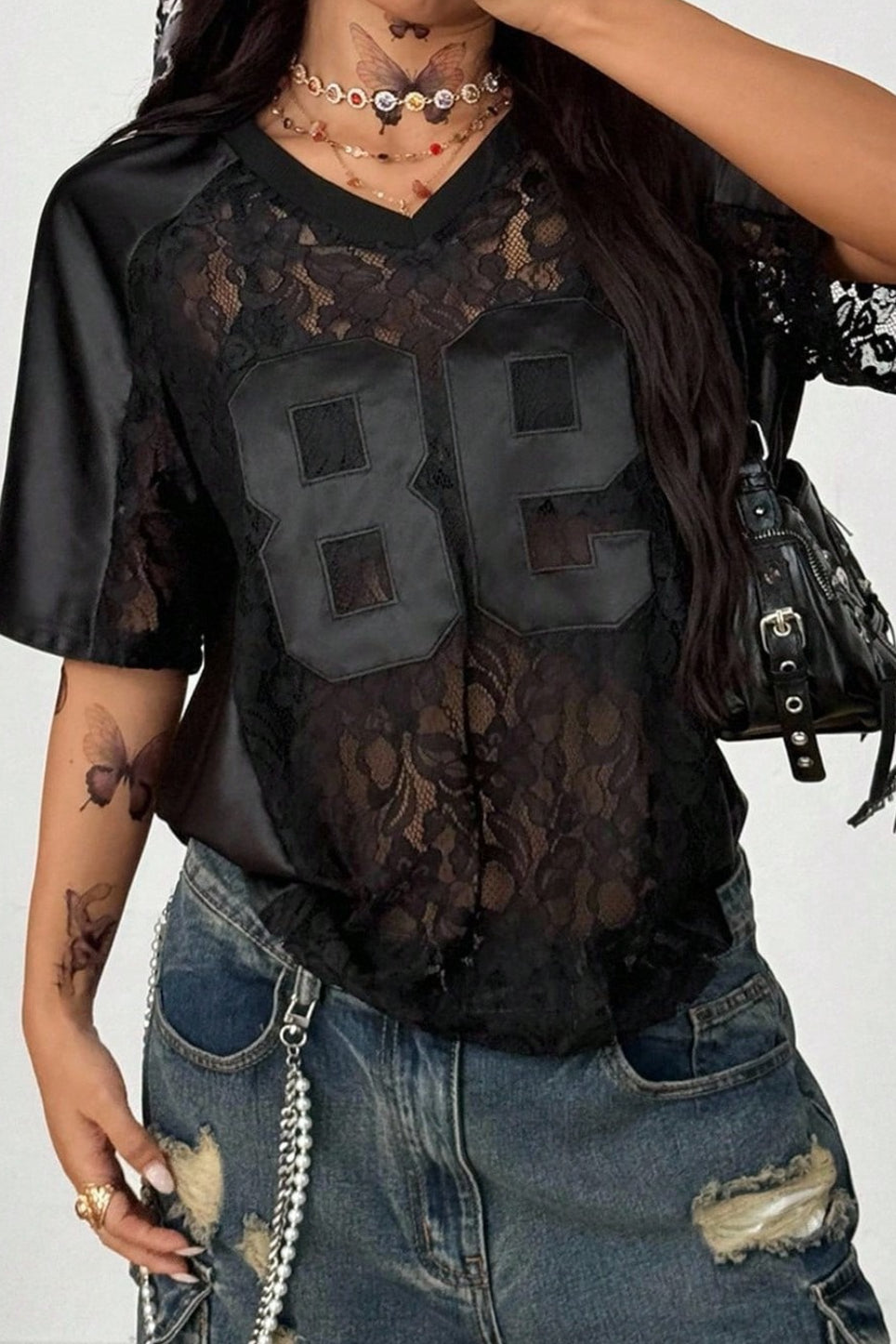 Graphic Print Lace Patchwork Loose Fit Short Sleeve Tee