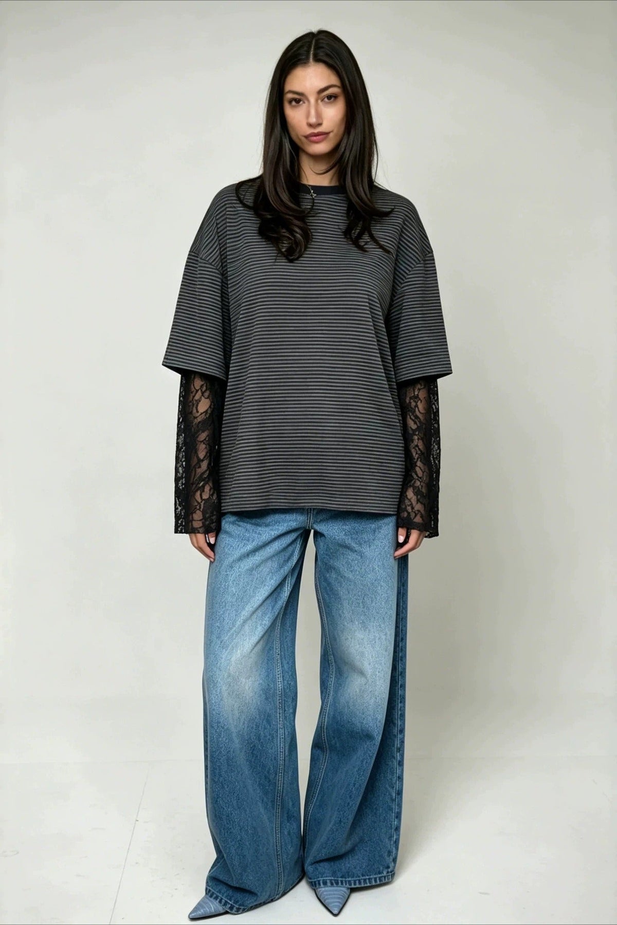 Lace Sleeve Striped Layered Tee