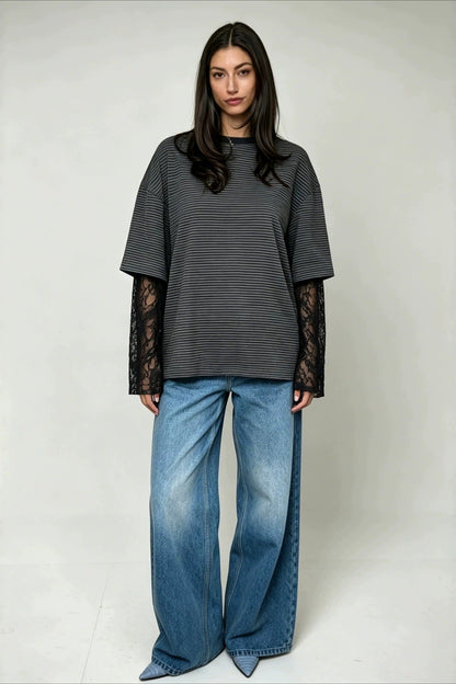 Lace Sleeve Striped Layered Tee