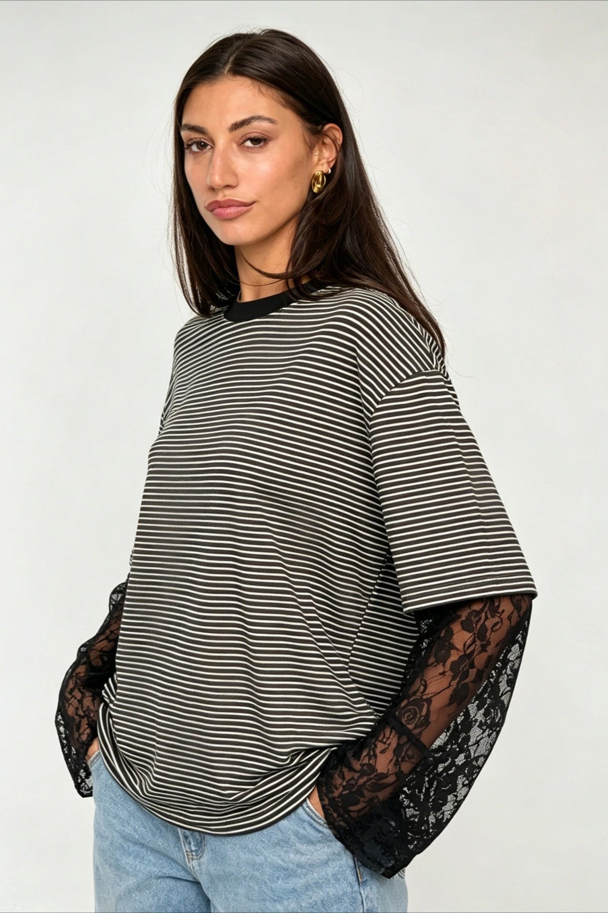 Lace Sleeve Striped Layered Tee