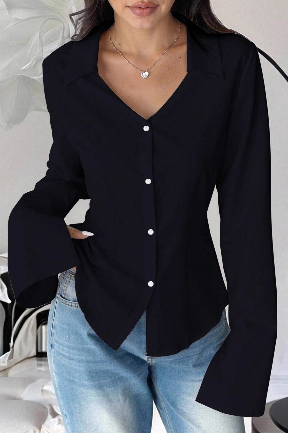 Slim Fit Flare Sleeve V Neck Blouse