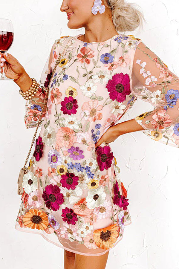 Floral Embroidered Mesh Bell Sleeve Crew Neck Shift Mini Dress