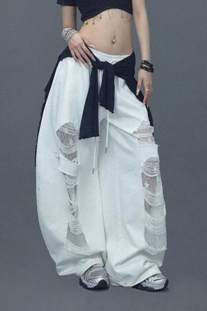 Ripped Lace Patchwork Relaxed Jeans