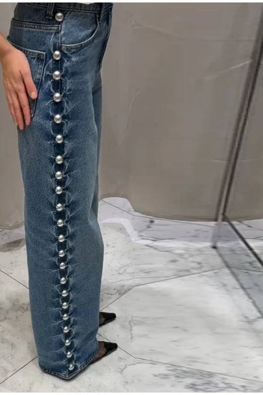 Beaded High Waist Straight Leg Jeans