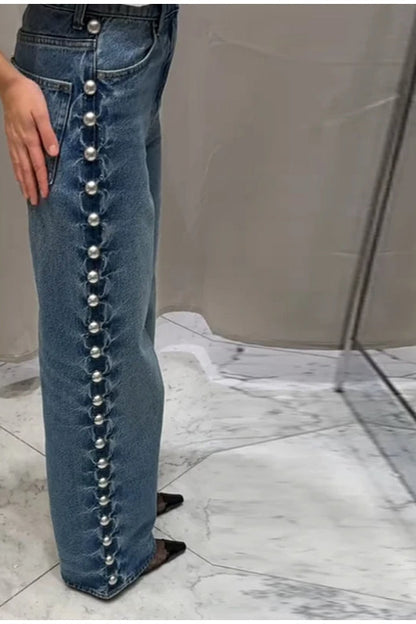Beaded High Waist Straight Leg Jeans