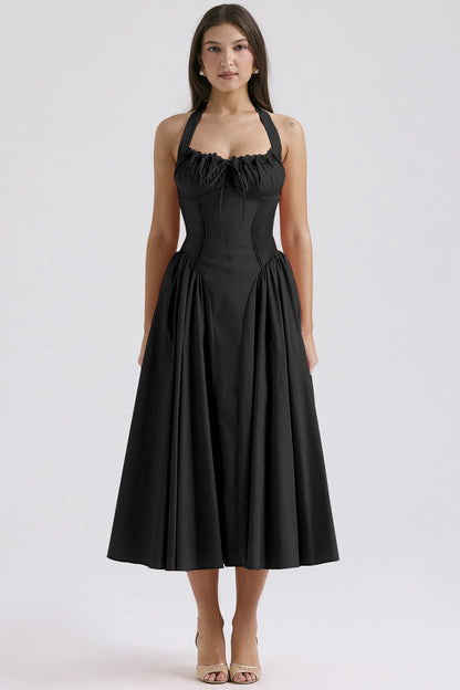 Floral Halter Lace Trim Long Sleeveless Prom Dress