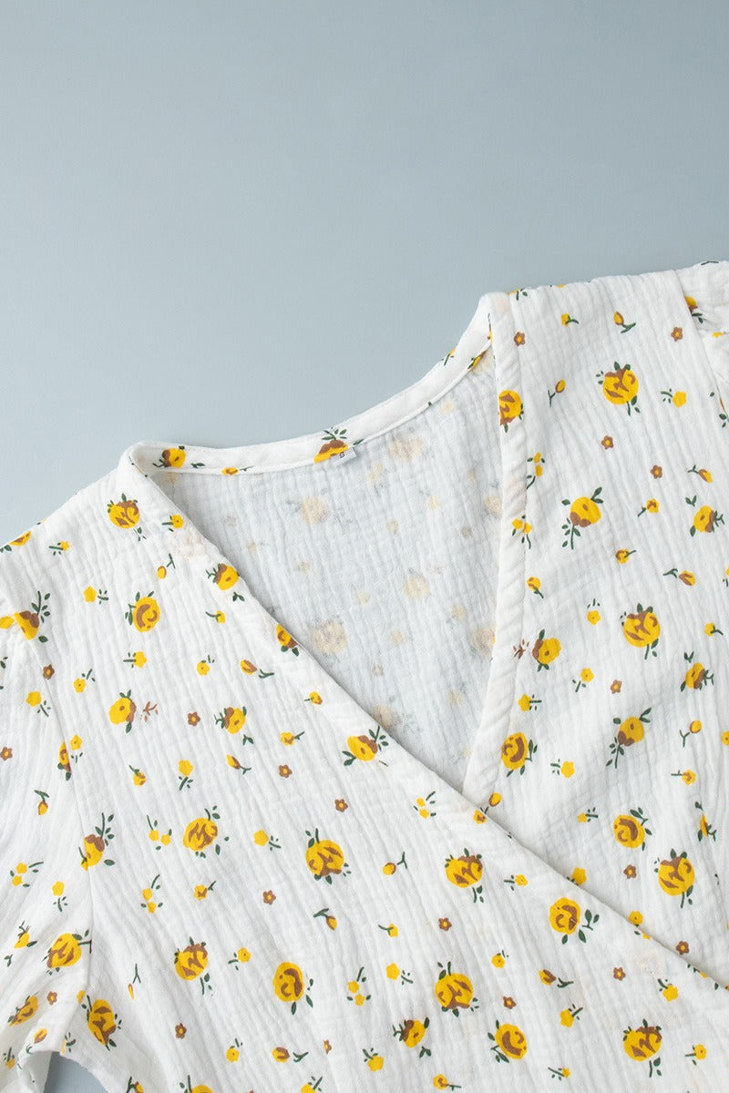 Cotton Printed V Neck Puff Sleeve Floral Dress