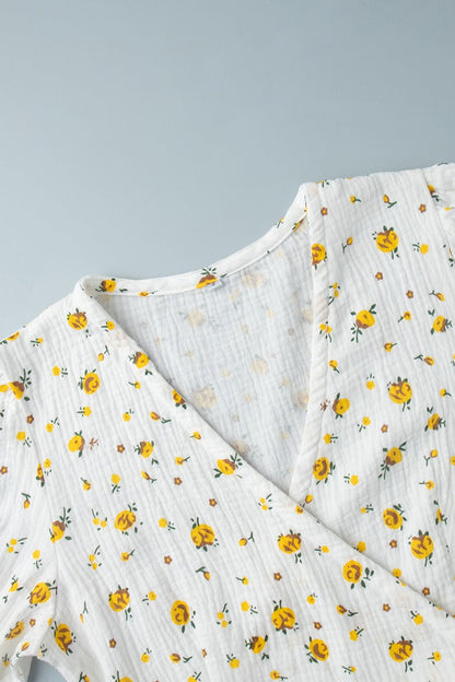 Cotton Printed V Neck Puff Sleeve Floral Dress