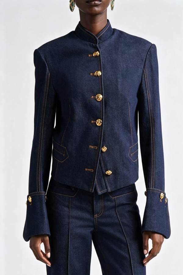 Cowgirl Club Denim Stand Neck Flare Sleeve Metal Buttons Long Sleeve Jacket