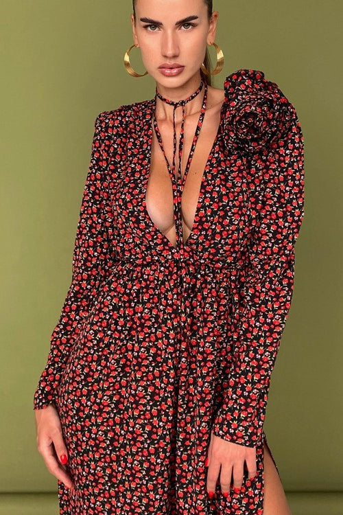 Side Slit Deep V Neck Tie Waist Floral Maxi Dress