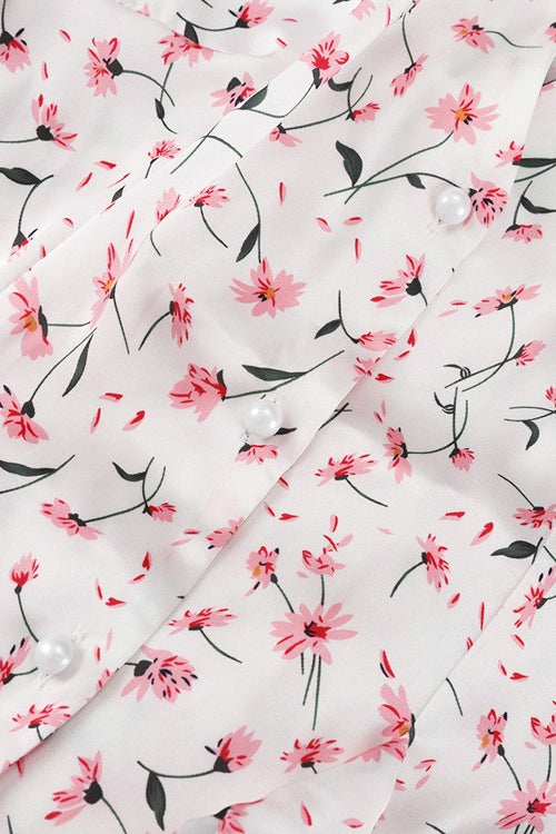 V Neck Tie Waist Short Sleeve Shirt Floral Dress