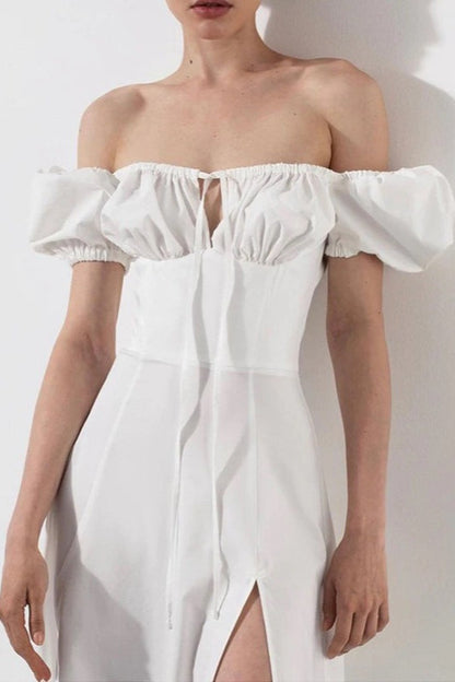 Off Shoulder Puff Sleeve Corset Tie Front High Split Maxi Dress