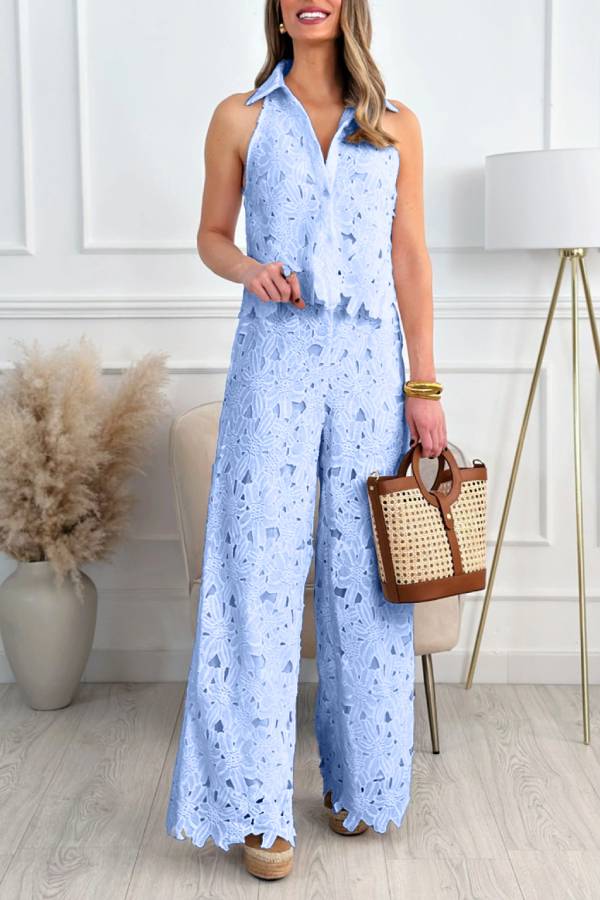 Halter Collared Lace Cut-Out Wide-Leg Pants Set