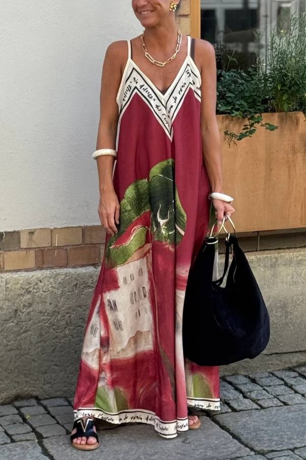 Artistic Oil Painting Print V-Neck Slip Maxi Dress
