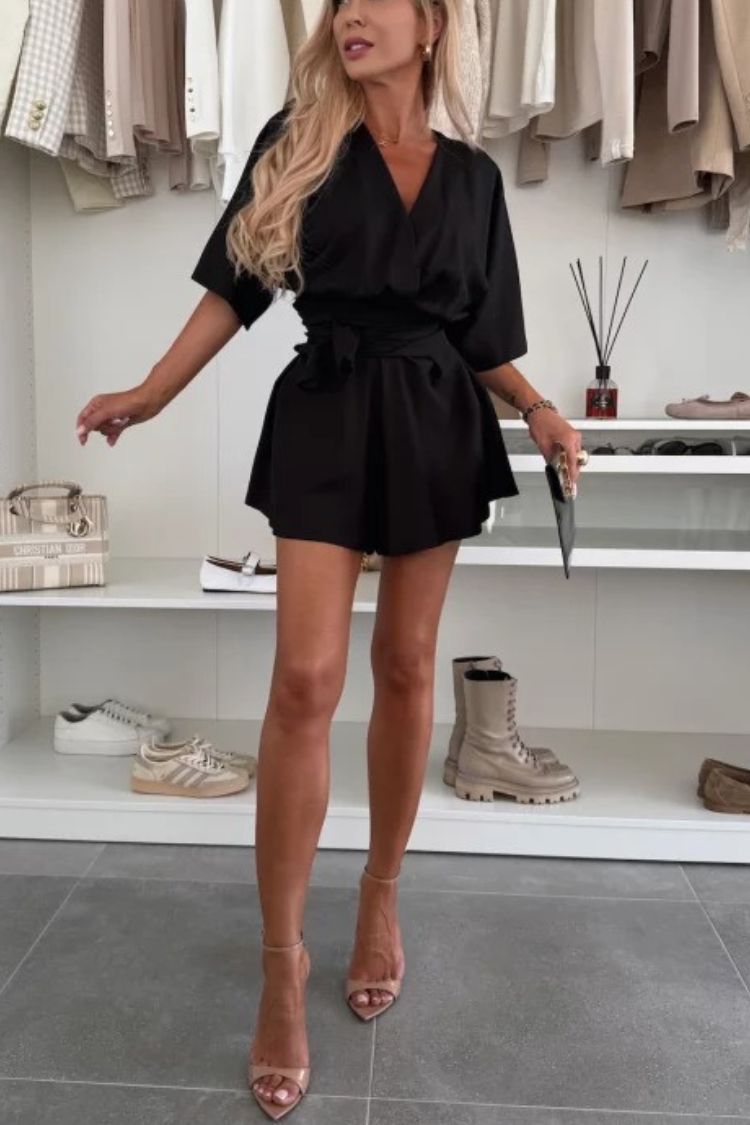 Stylish Comfortable V-neck Wide Sleeve Tie-up Loose Romper