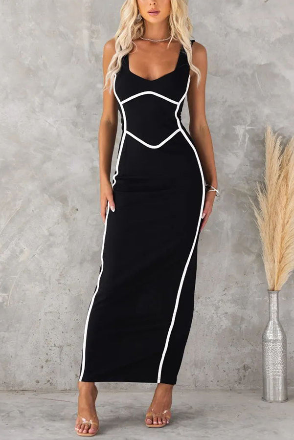 Scoop Neck Contrast Piping Bodycon Maxi Dress
