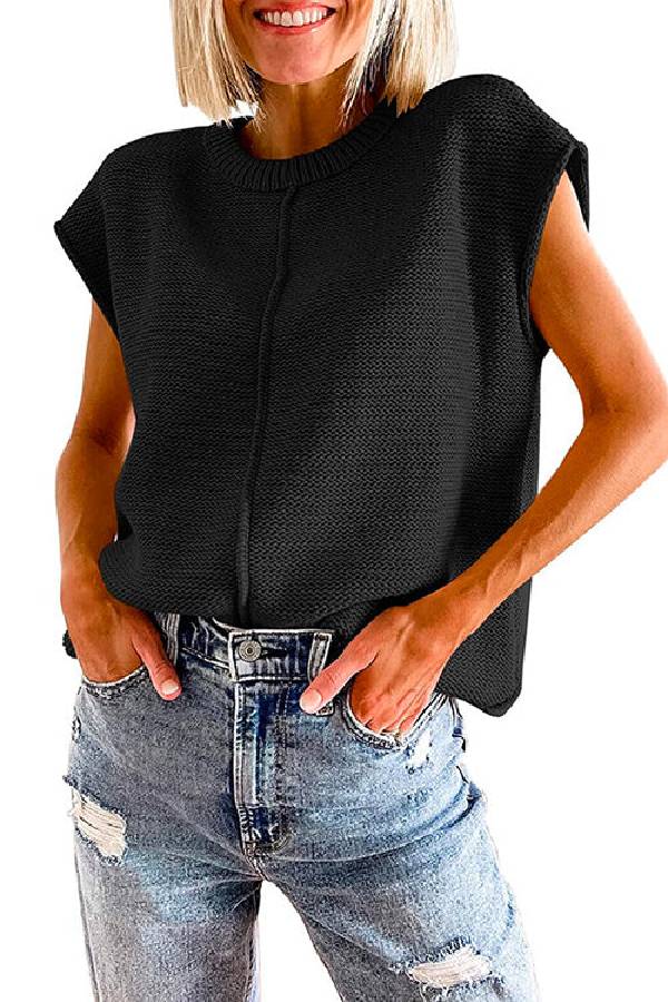 Crewneck Cap Sleeves Pullover Sweater
