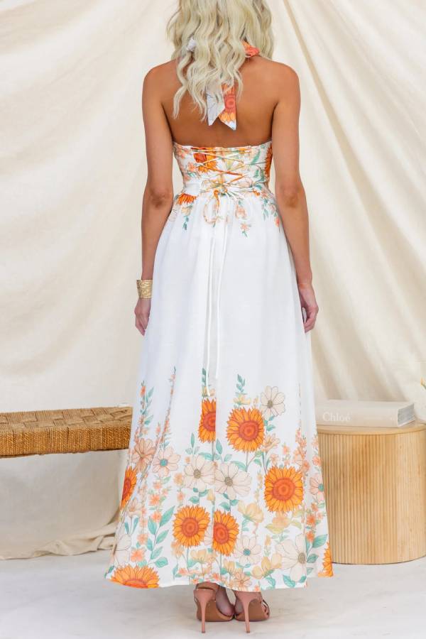 Sunflower Print Halter Backless Waist Tiered Maxi Dress