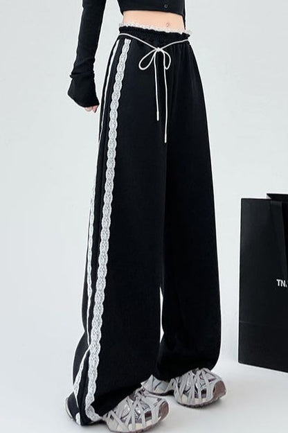 Lace Panel Athletic Wide Leg High Waist Pants