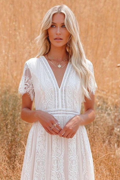 Lace V Neck Short Sleeve Hollow Out Boho Dress