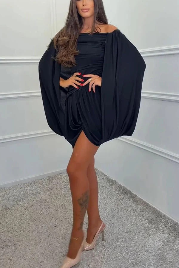 Kathy Stretch Fabric Off Shoulder Slit Cape Sleeve Puff Hem Drape Mini Dress