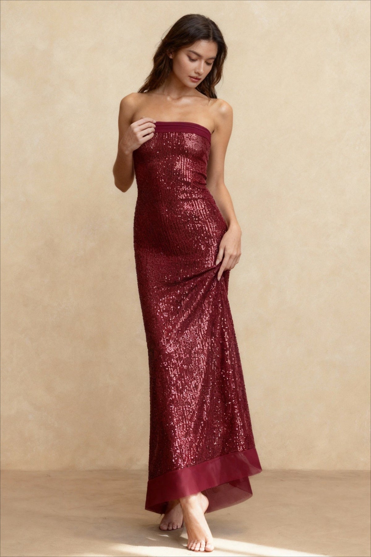 Elegant Bandeau Slim Split Backless Maxi Sequin Dress