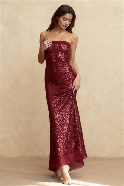 Elegant Bandeau Slim Split Backless Maxi Sequin Dress