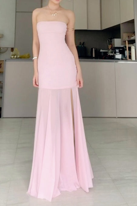 Strapless Sheer Slit Maxi Birthday Dress