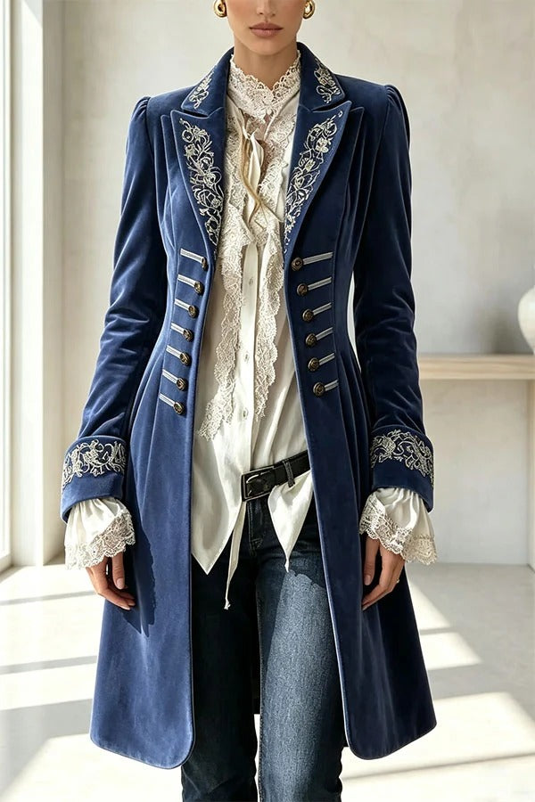 Royal Style Velvet Embroidery Long Sleeve Napoleon Button-down Lapel Coat