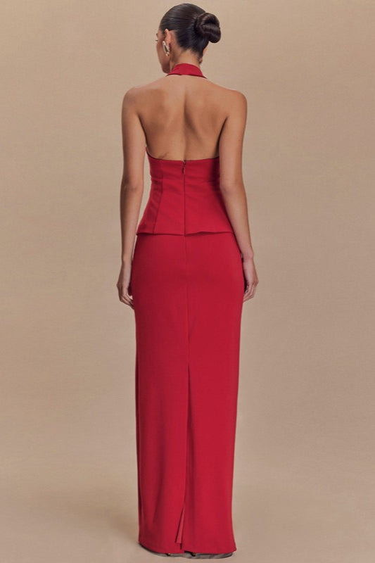 Solid Halter Backless Maxi Formal Dress