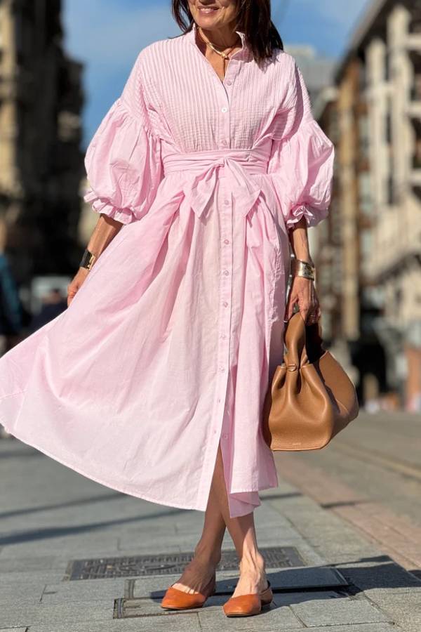 Stand‑Collared Puff Sleeve Tie‑Waist Shirt Midi Dress