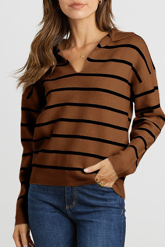 Striped Long Sleeve Polo V Neck Pullover Sweater