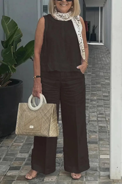Cotton and Linen Sleeveless Top and Wide-Leg Pants Two-Piece Set