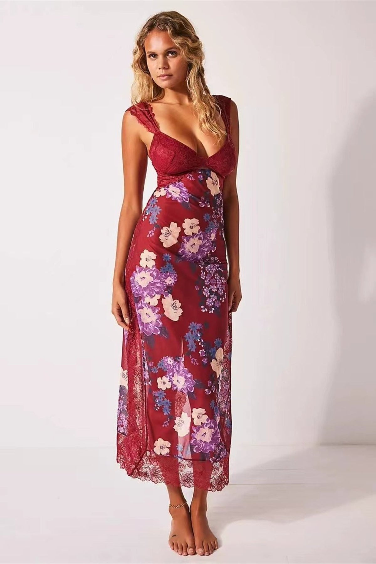 Lace Patchwork Strap Backless Slit Maxi Floral Dress