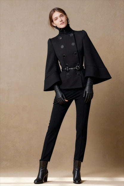 Double Breasted High Neck Solid Flared Buttoned Elegant Coats