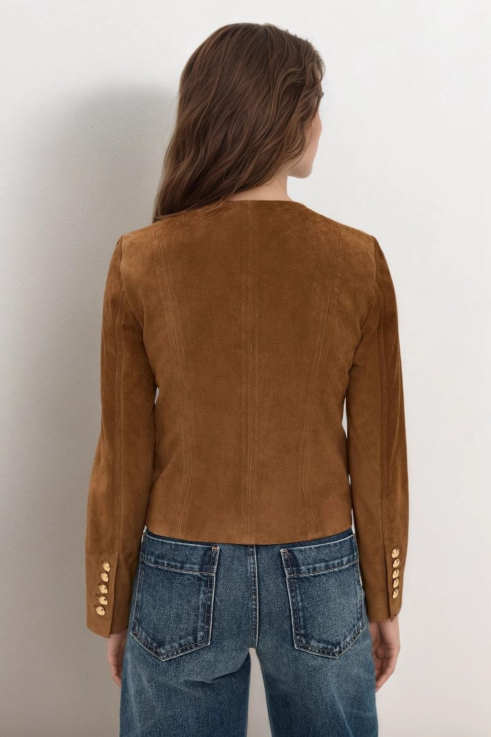 Metallic Button Cropped Suede Jacket
