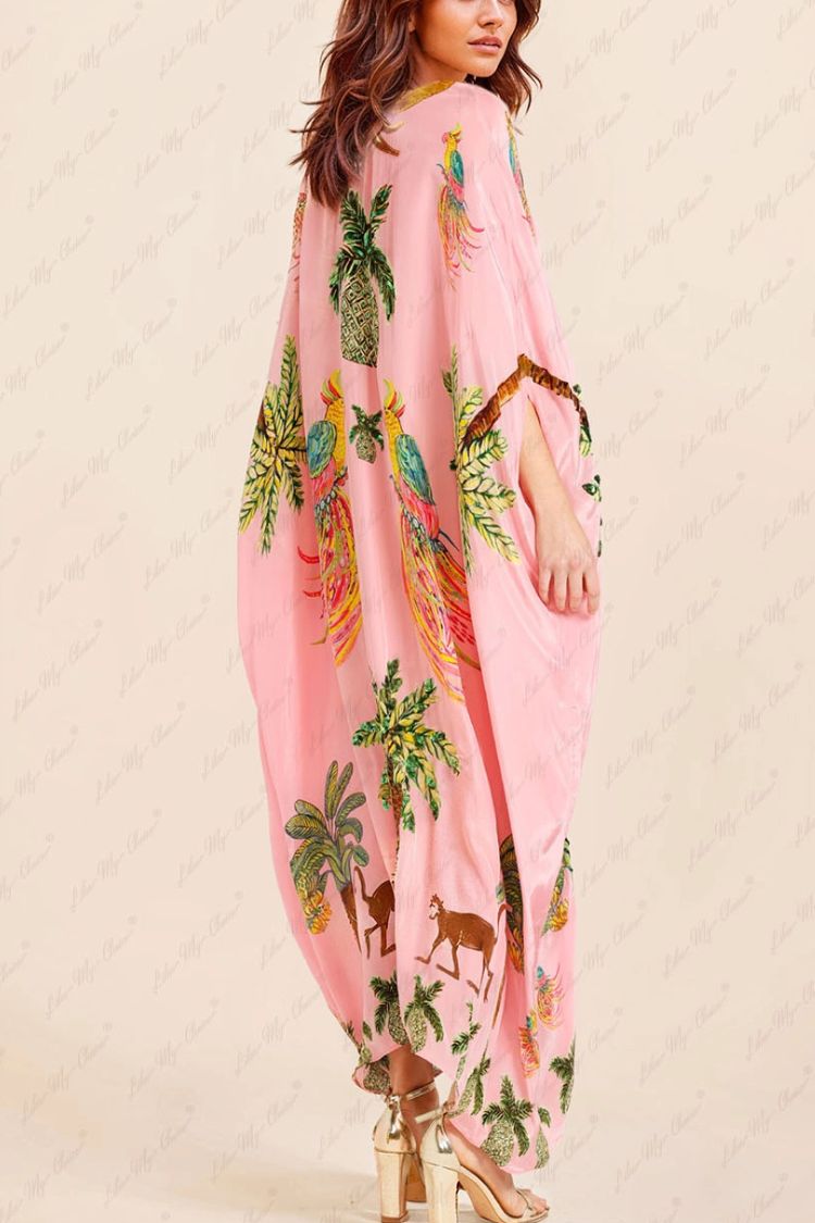 Unique Drop Shoulder Sleeve Coconut Tree Printed Dress