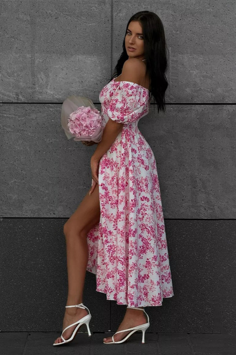Off Shoulder Tie Waist Slit Floral Dress