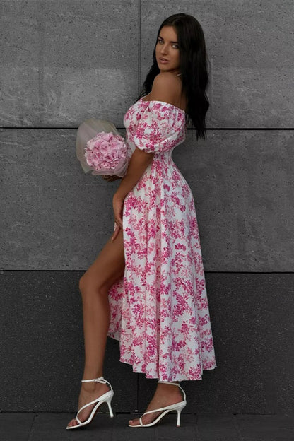 Off Shoulder Tie Waist Slit Floral Dress