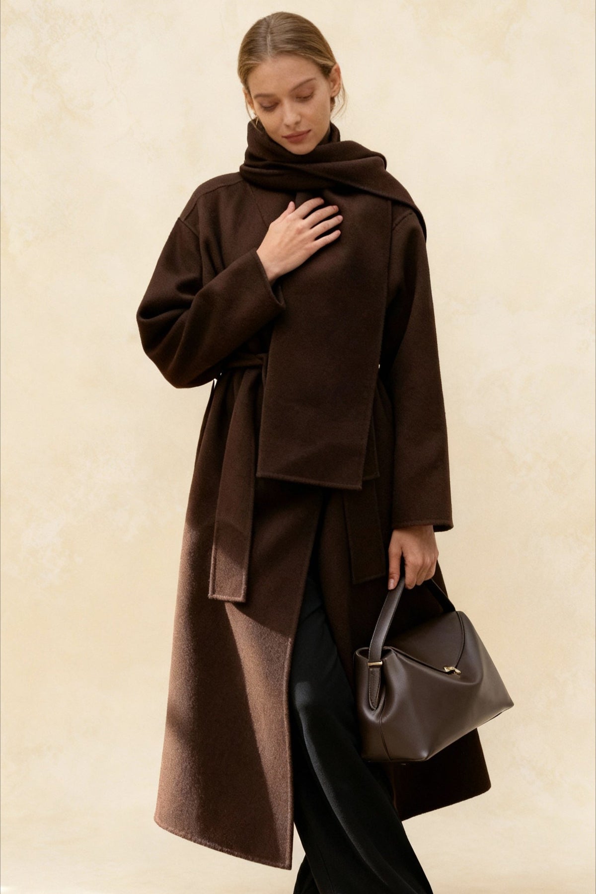 Women's Scarf Collar Woolen Belted Overcoat