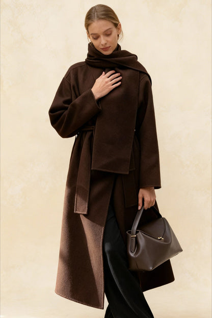 Women's Scarf Collar Woolen Belted Overcoat